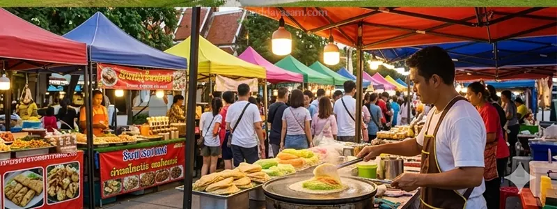 Ayutthaya Gece Pazarı (Renkli tezgahlar, Roti Sai Mai yapan satıcılar)