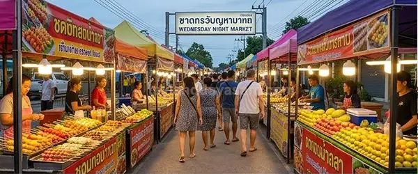 Cha-Am Gece Pazarı: Işıklandırılmış tezgahlar ve yemek pişiren satıcılar.